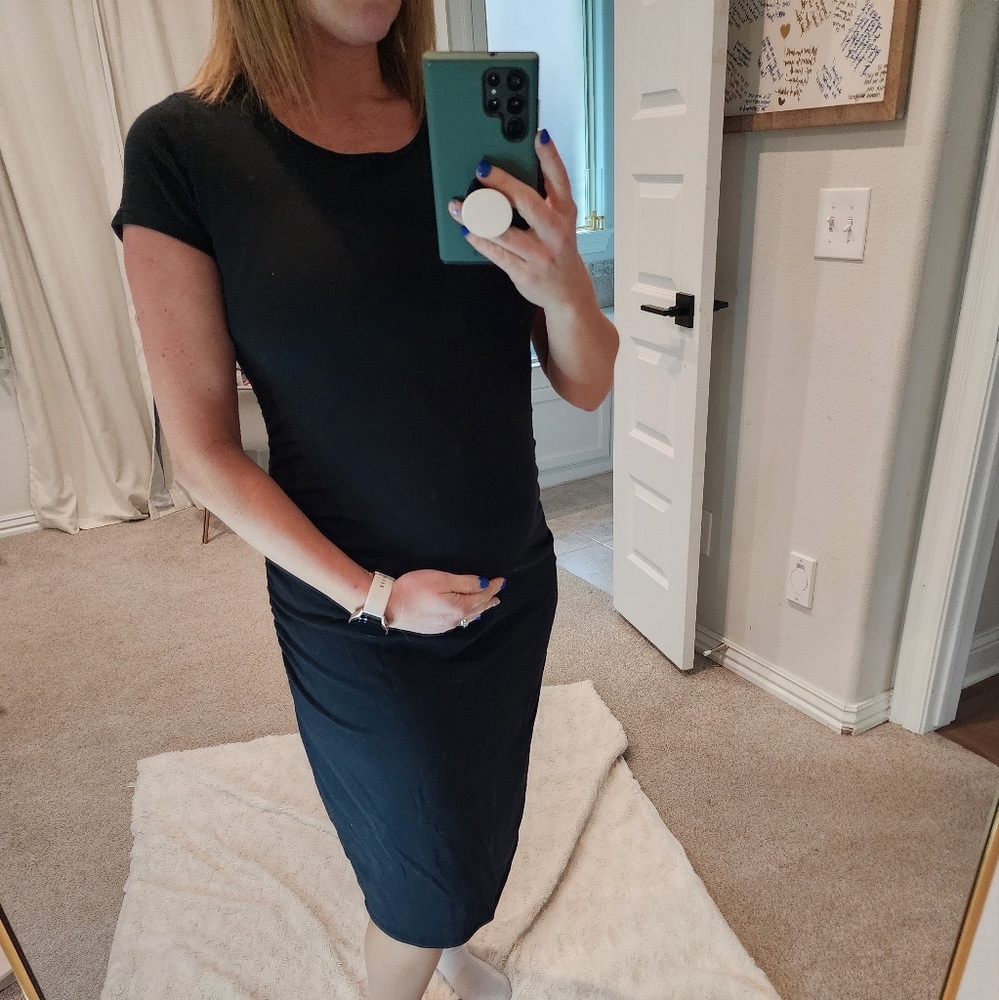 Isabele Maternity Black Midi Dress with Ruched Sides, Size M